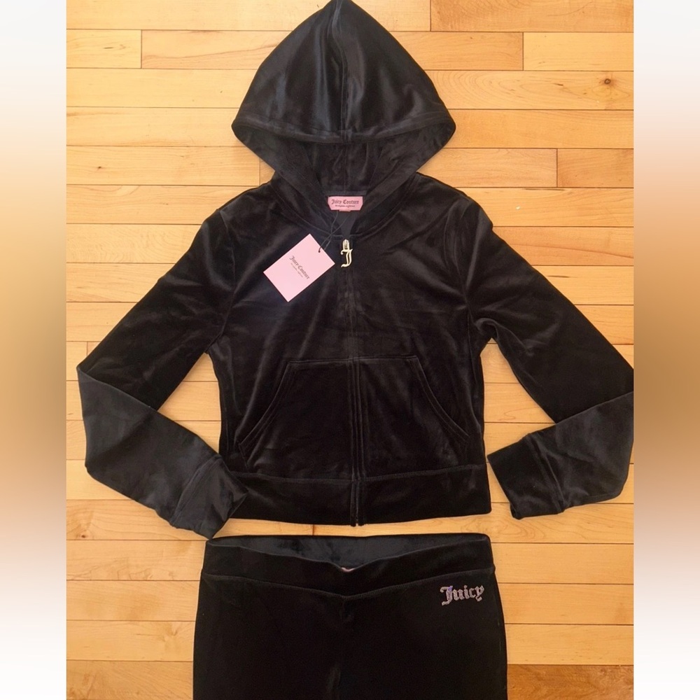 NEW! NWT JUICY COUTURE Velour OG Bling Tracksuit Hoodie & Pant Set Black Size S